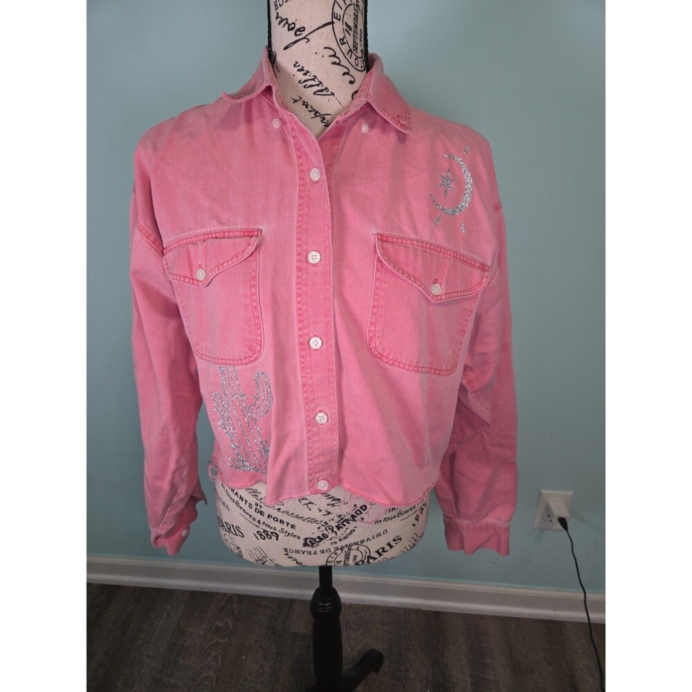 Vintage cropped pink denim shirt small at last moon star cactus
